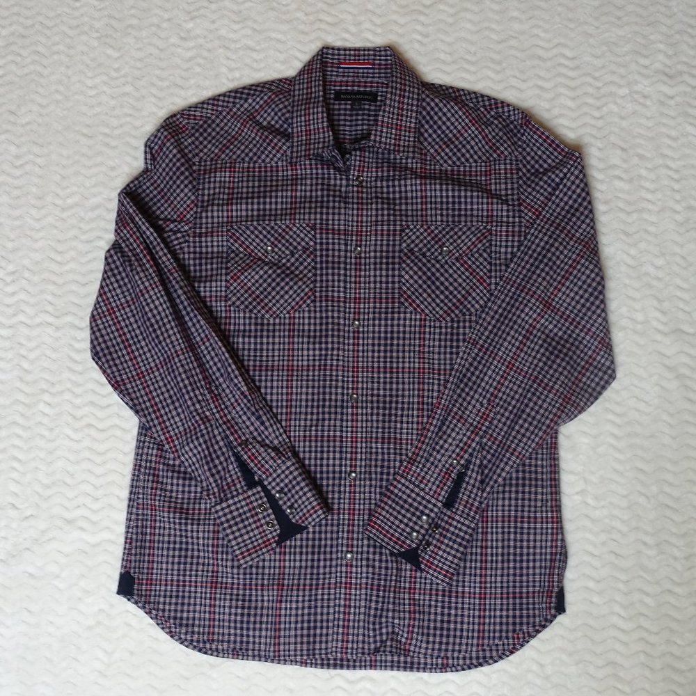 Banana Republic Casual Button Down Shirt Adult Large Blue Red Plaid Pearl Snap